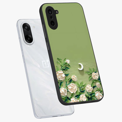 Emerald Bloom Calm Glass Case for 1+Nord CE 5 angled mockup showcasing glossy finish and rich green tones