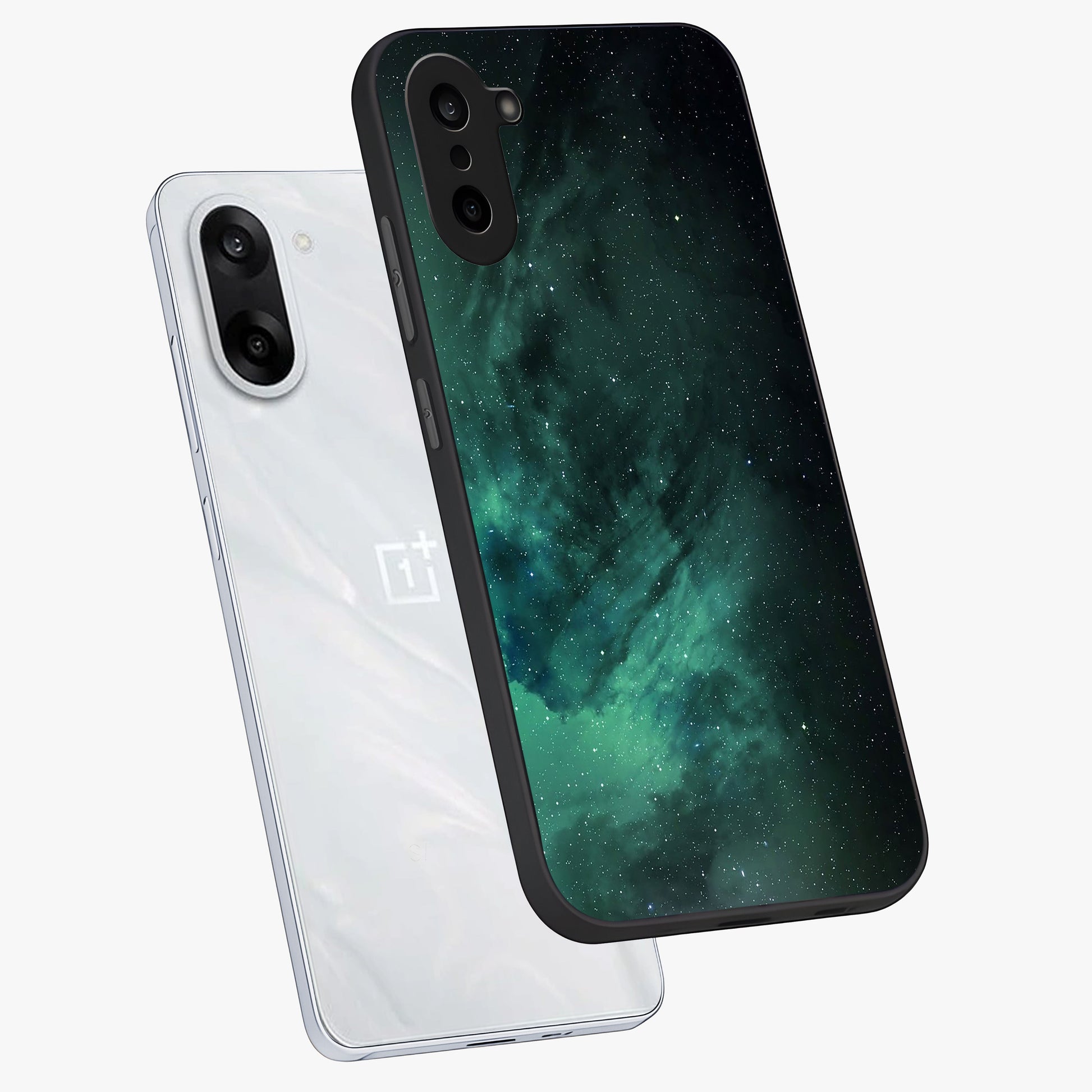 Emerald Green Space Glass Case for 1+Nord CE 5 angled mockup showcasing glossy finish and bold emerald gradients