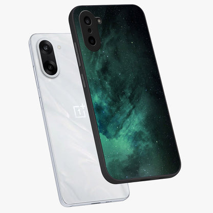 Emerald Green Space Glass Case for 1+Nord CE 5 angled mockup showcasing glossy finish and bold emerald gradients