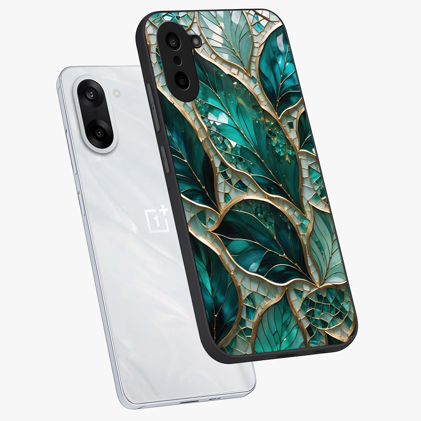 Emerald Leaf Glass Case for 1+Nord CE 5 angled mockup showcasing glossy finish and natural botanical tones