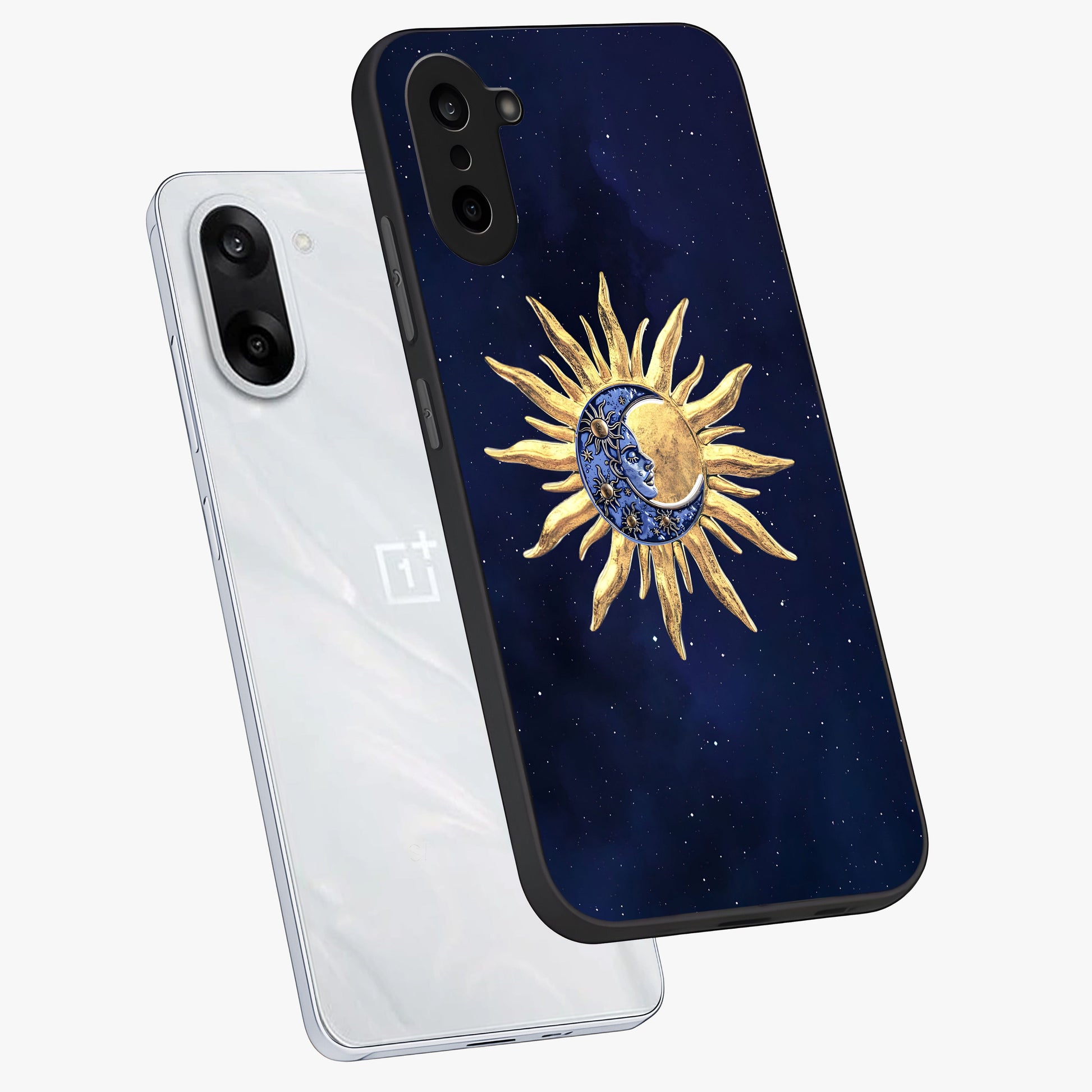 Eternal Cosmic Balance Glass Case for 1+Nord CE 5 angled mockup showcasing glossy finish and celestial gradient tones