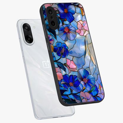 Eternal Floral Stained Glass Case for 1+Nord CE 5 angled mockup showcasing glossy finish and vibrant mosaic textures