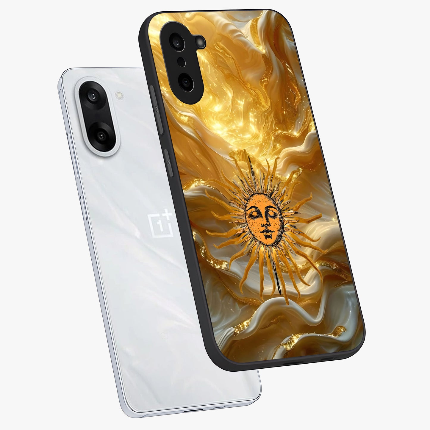 Eternal Golden Glow Glass Case for 1+Nord CE 5 angled mockup showcasing glossy glass finish and luminous gold tones