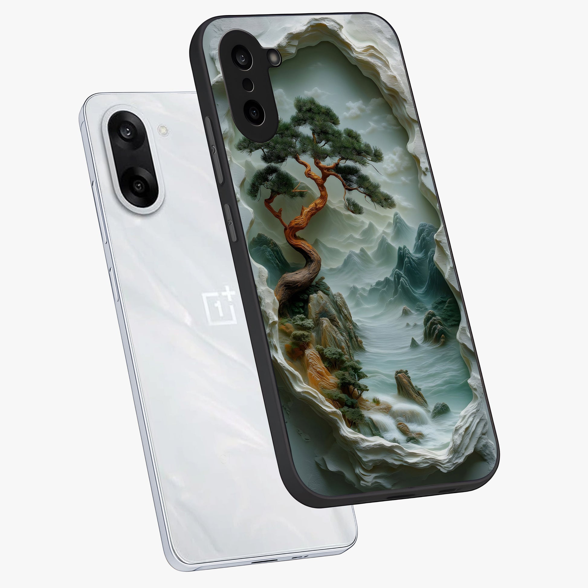 Eternal Nature Spirit Glass Case for 1+Nord CE 5 angled mockup showcasing glossy finish and calming botanical tones