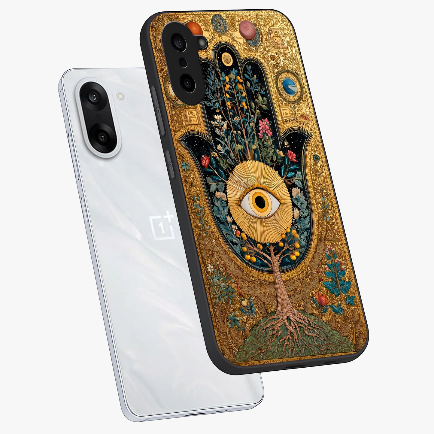Ethereal Evil Eye Glass Case for 1+Nord CE 5 angled mockup showcasing glossy finish and celestial blue tones