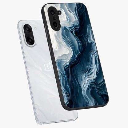 Ethereal Paper Marble Glass Case for 1+Nord CE 5 angled mockup showcasing glossy finish and soft blended textures