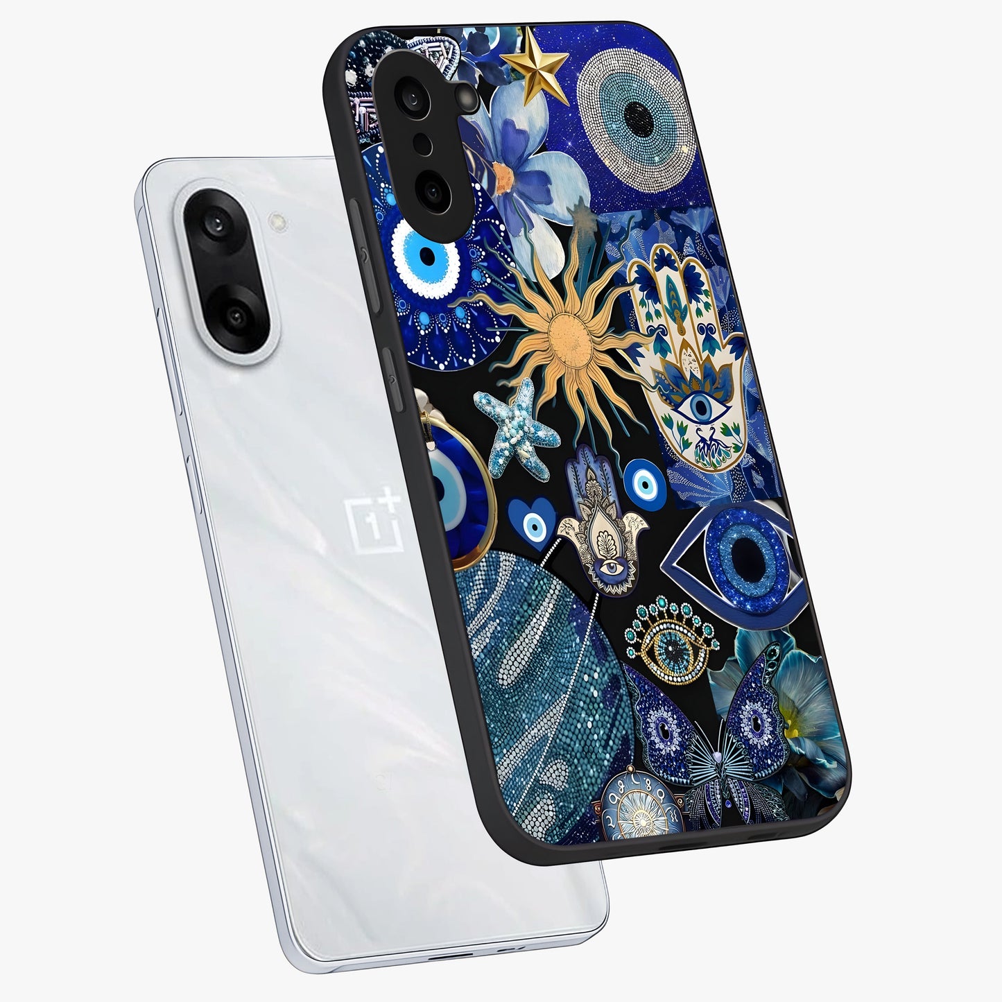 Evil Eye Charm Mix Glass Case for 1+Nord CE 5 angled mockup showcasing glossy finish and bold blue tones