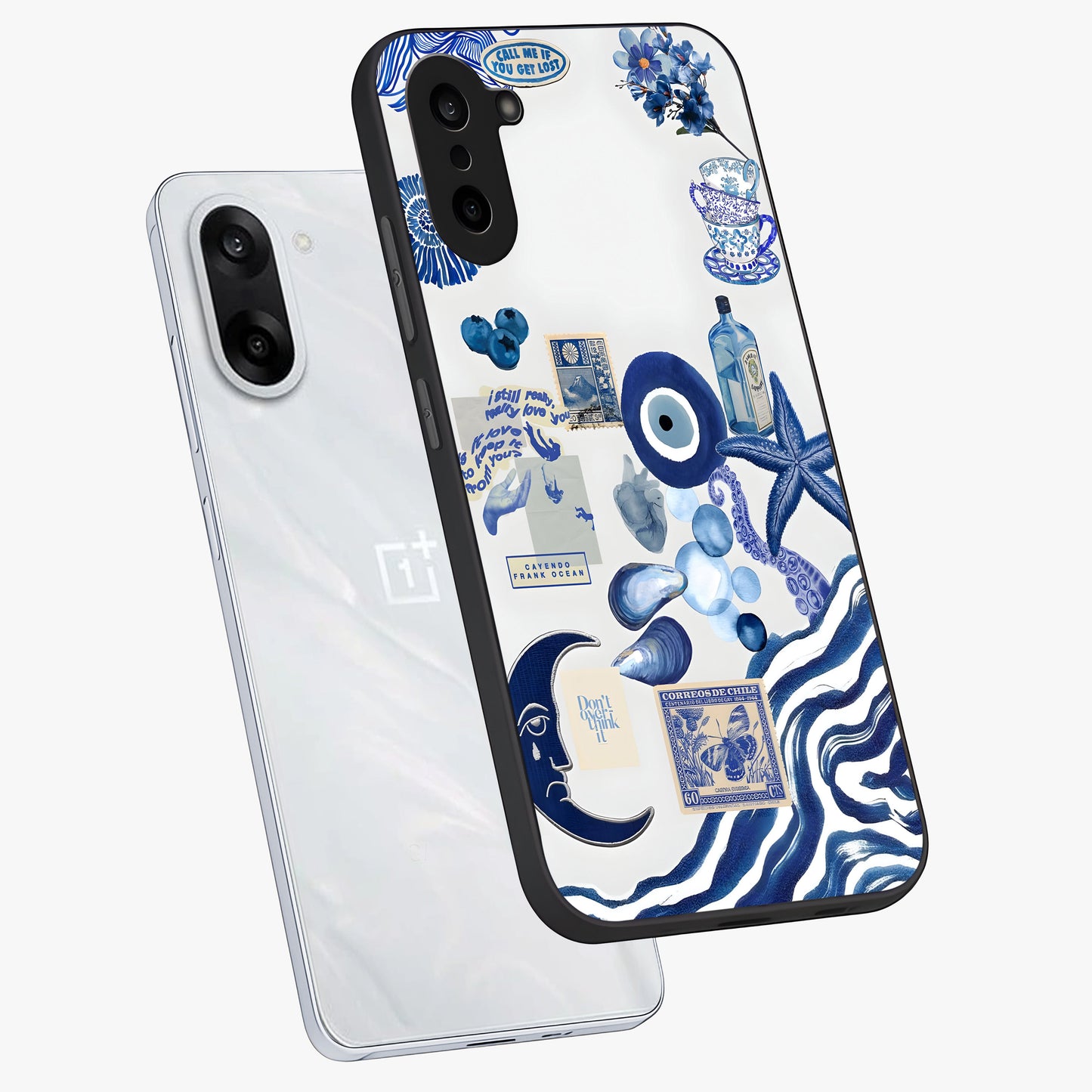 Evil Eyes Dark Blue Glass Case for 1+Nord CE 5 angled mockup showcasing glossy finish and rich navy tones