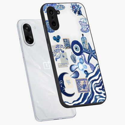 Evil Eyes Dark Blue Glass Case for 1+Nord CE 5 angled mockup showcasing glossy finish and rich navy tones