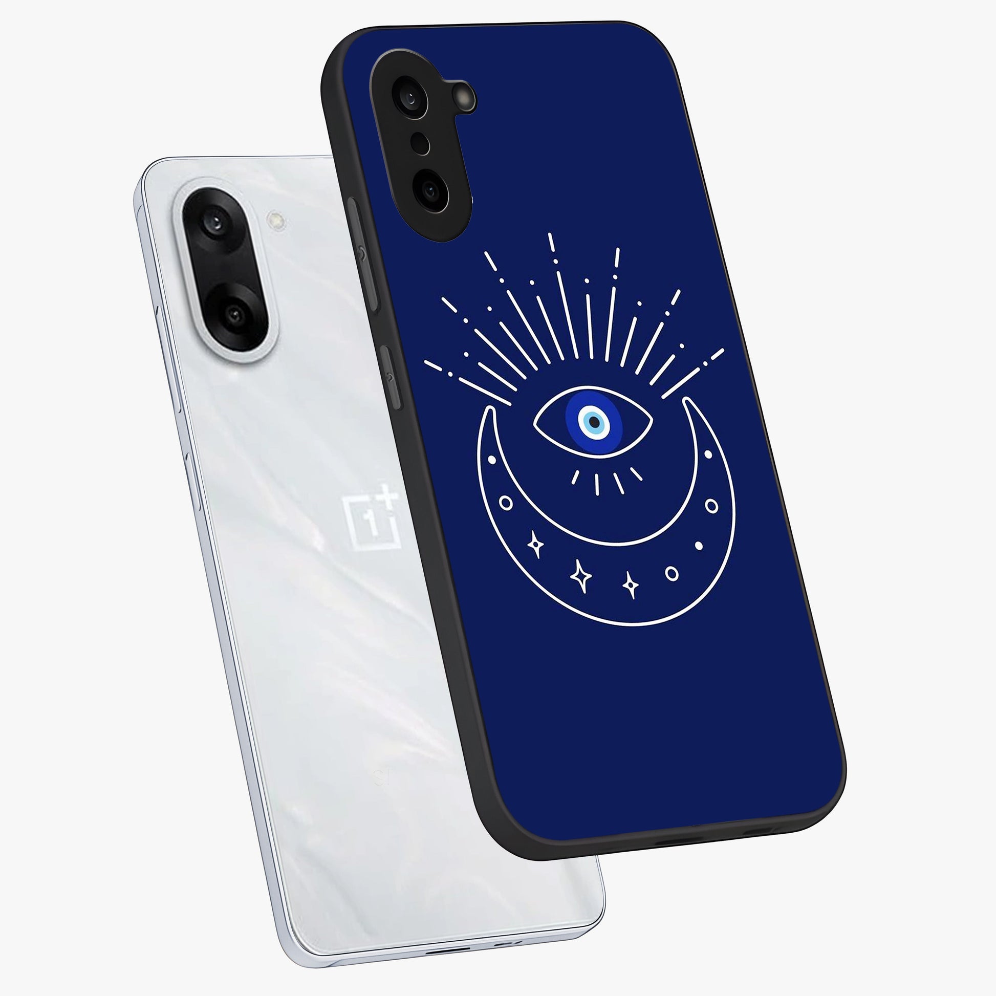 Evil Eye With Blue Themed Collage Glass Case for 1+Nord CE 5 angled mockup showcasing glossy finish and layered blue textures