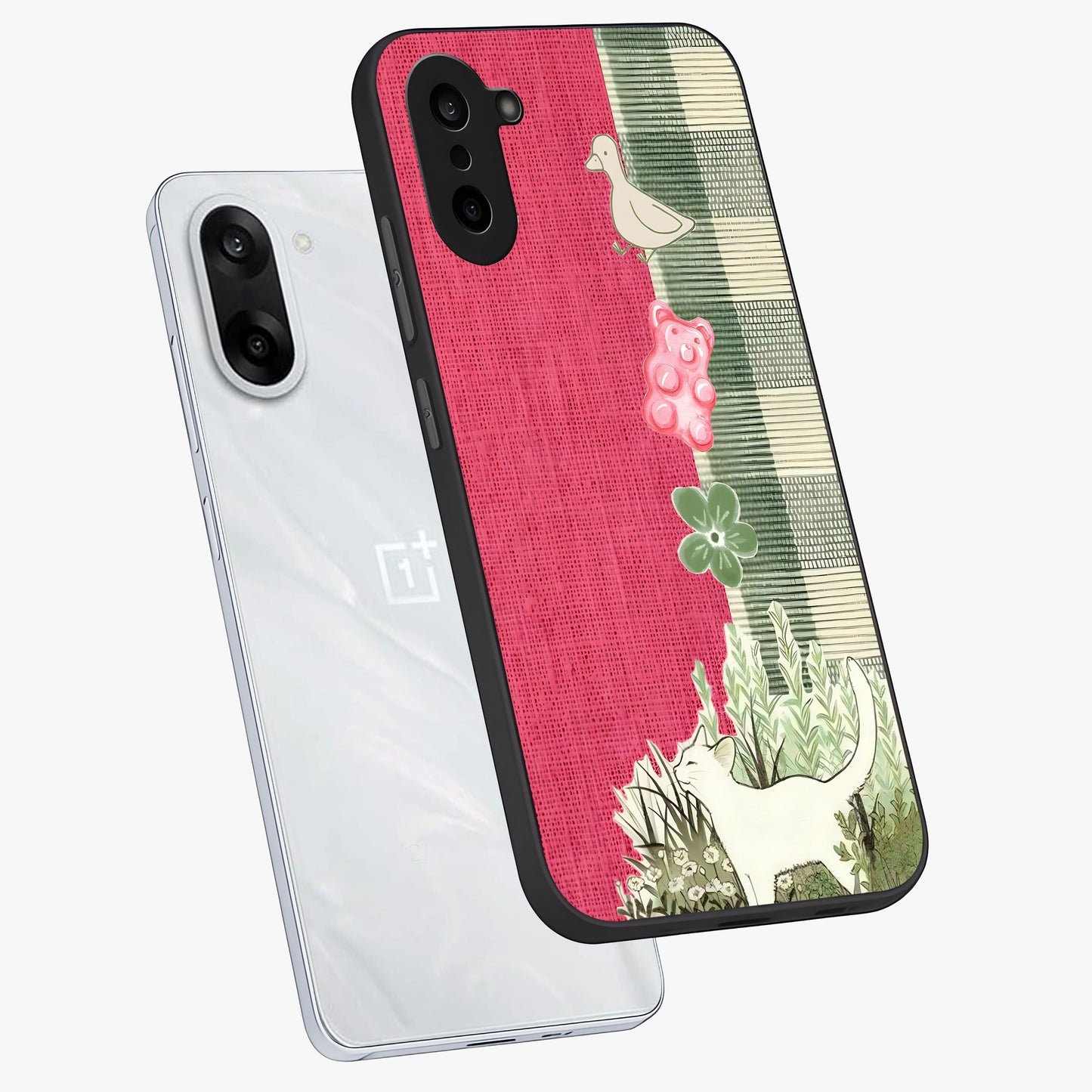 Fabric Patterns Glass Case for 1+Nord CE 5 angled mockup showcasing glossy finish and intricate fabric detailing