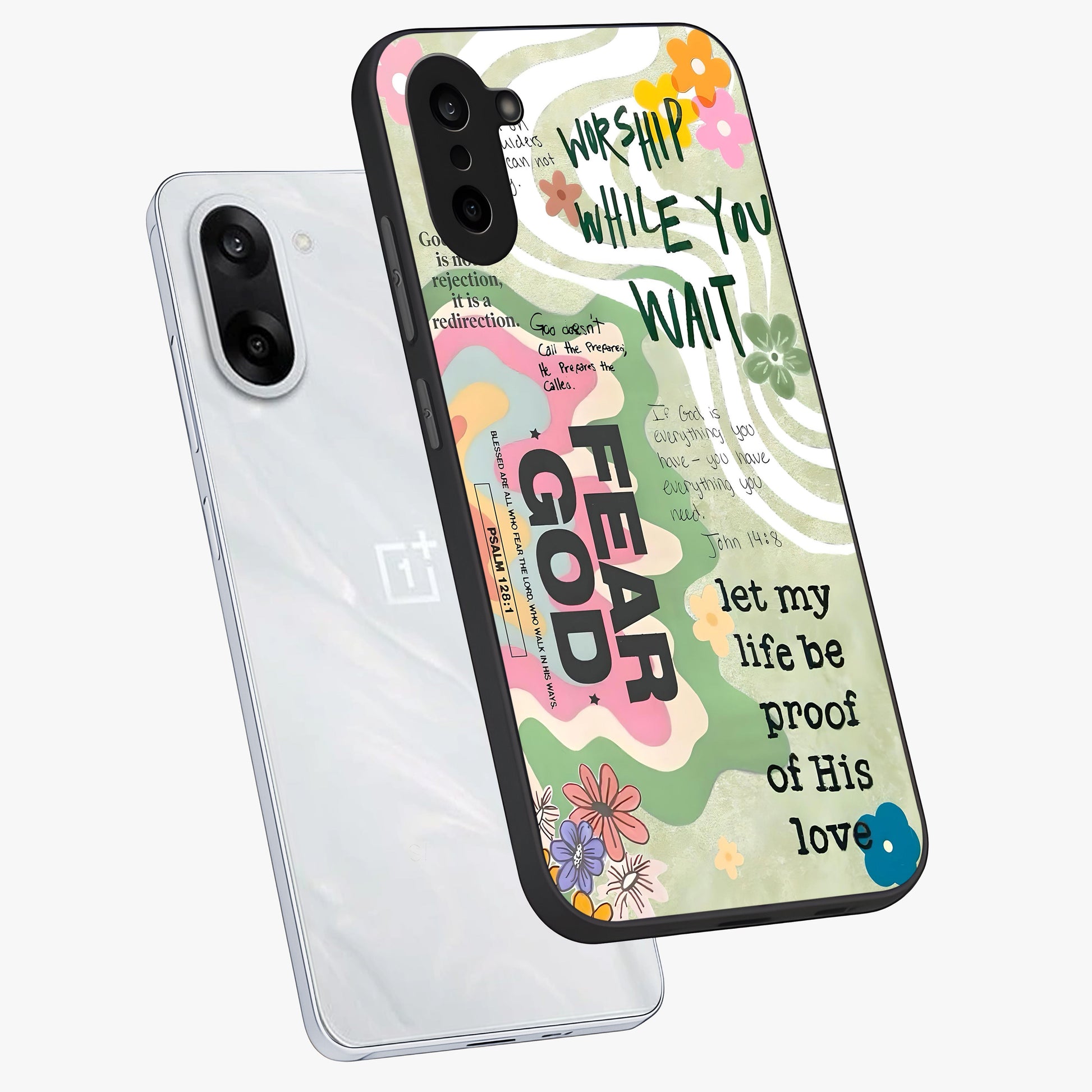 Faith Over Fear Glass Case for 1+Nord CE 5 angled mockup showcasing glossy finish and clean modern design