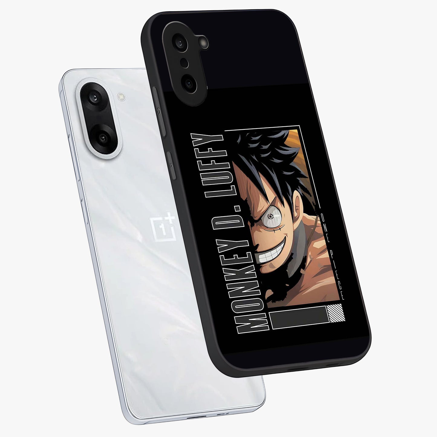 Fearless Pirate Smile Glass Case for 1+Nord CE 5 angled mockup showcasing glossy finish and dark adventurous tones