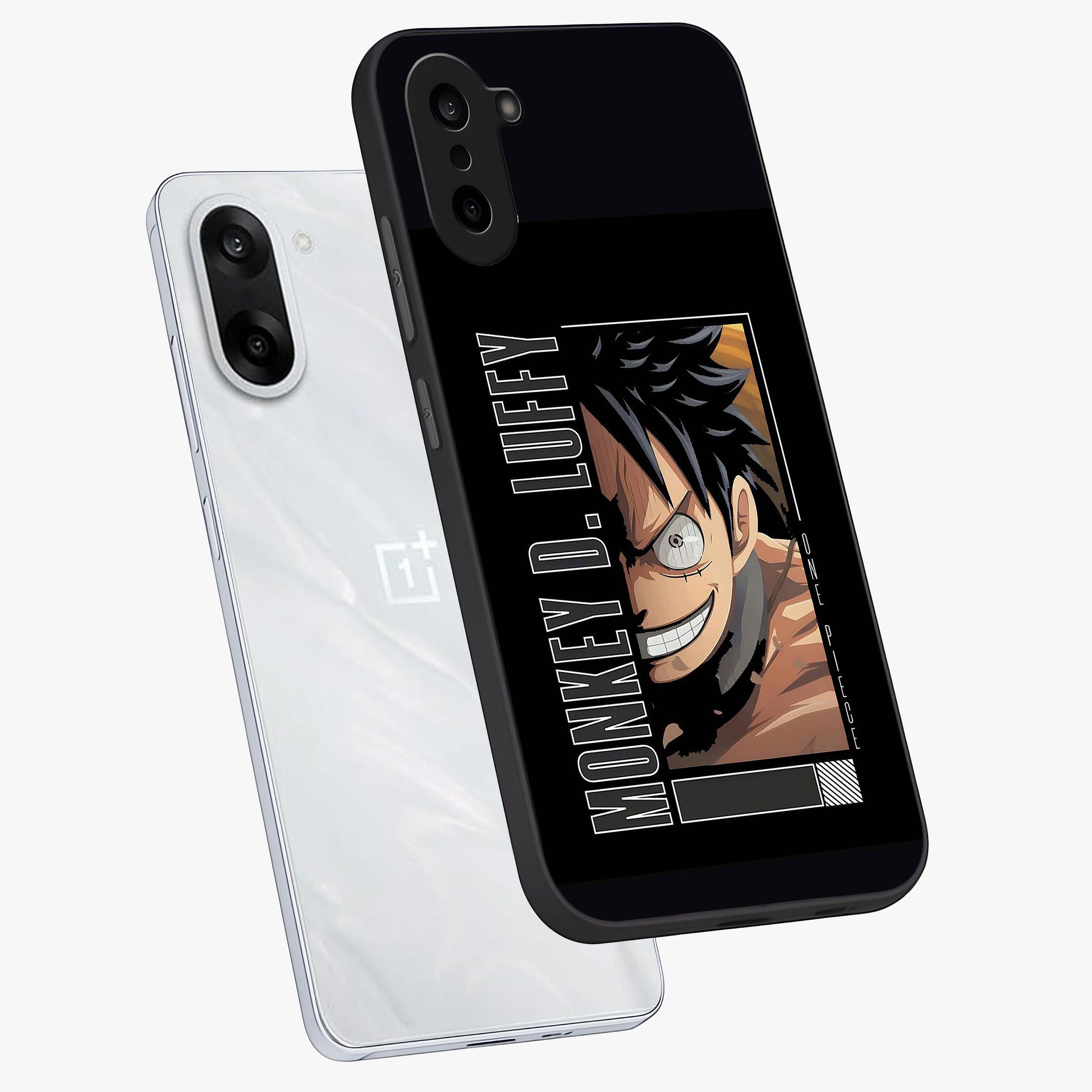 Fearless Pirate Smile Glass Case for 1+Nord CE 5 angled mockup showcasing glossy finish and dark adventurous tones
