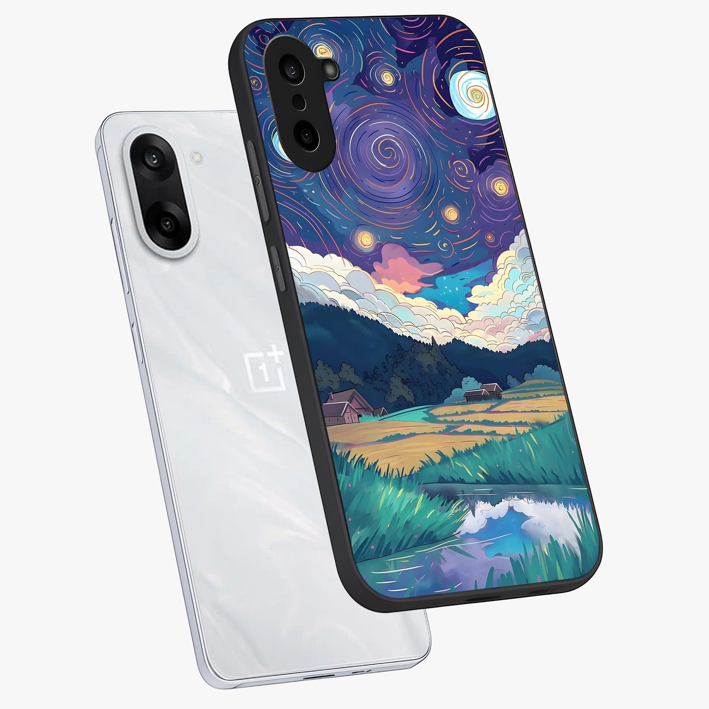 Fields Beneath the Cosmos Glass Case for 1+Nord CE 5 angled mockup showcasing glossy finish and deep celestial gradients