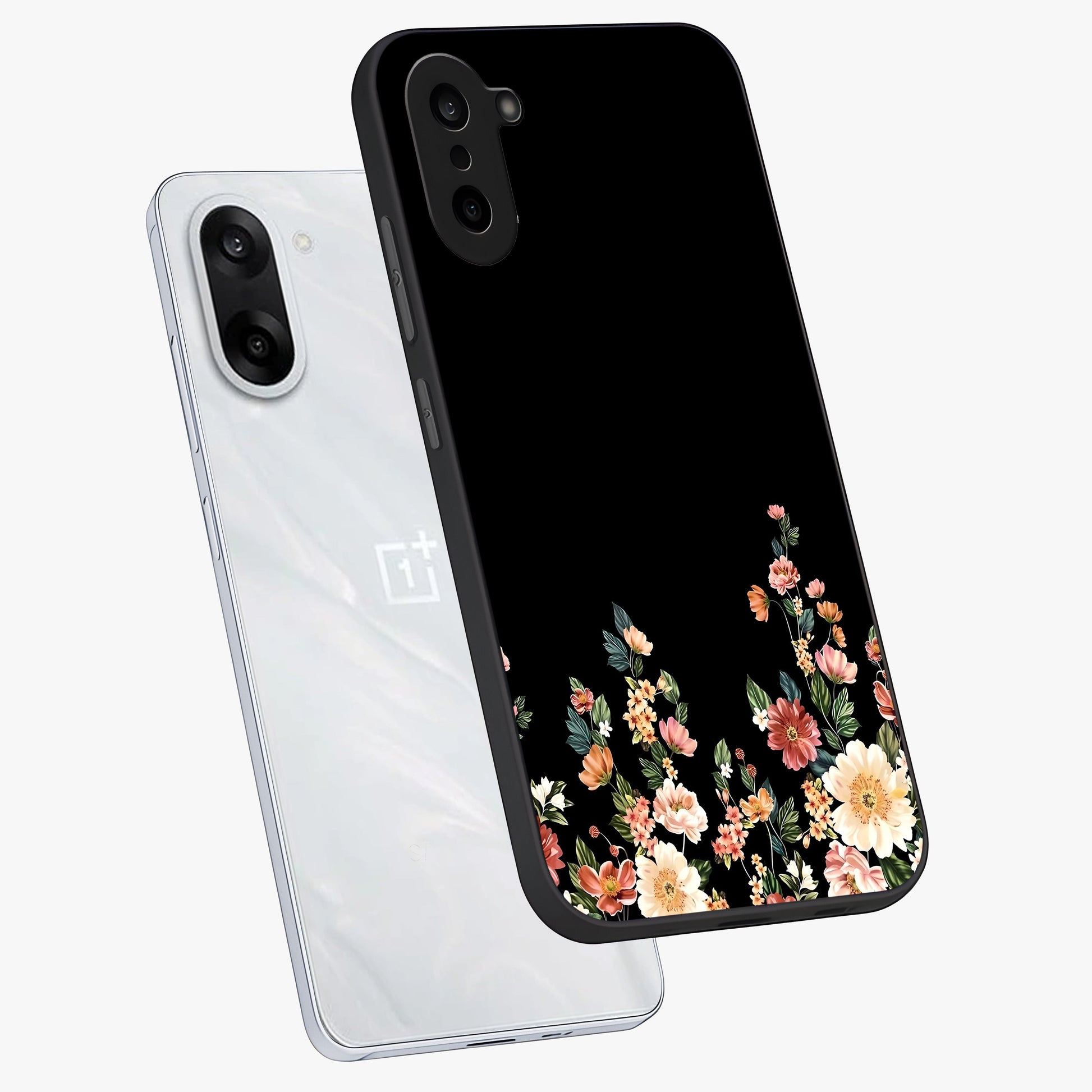 Floral Design With a Custom Personalized Name Glass Case for 1+Nord CE 5 angled mockup showcasing glossy finish and elegant bloom detailing