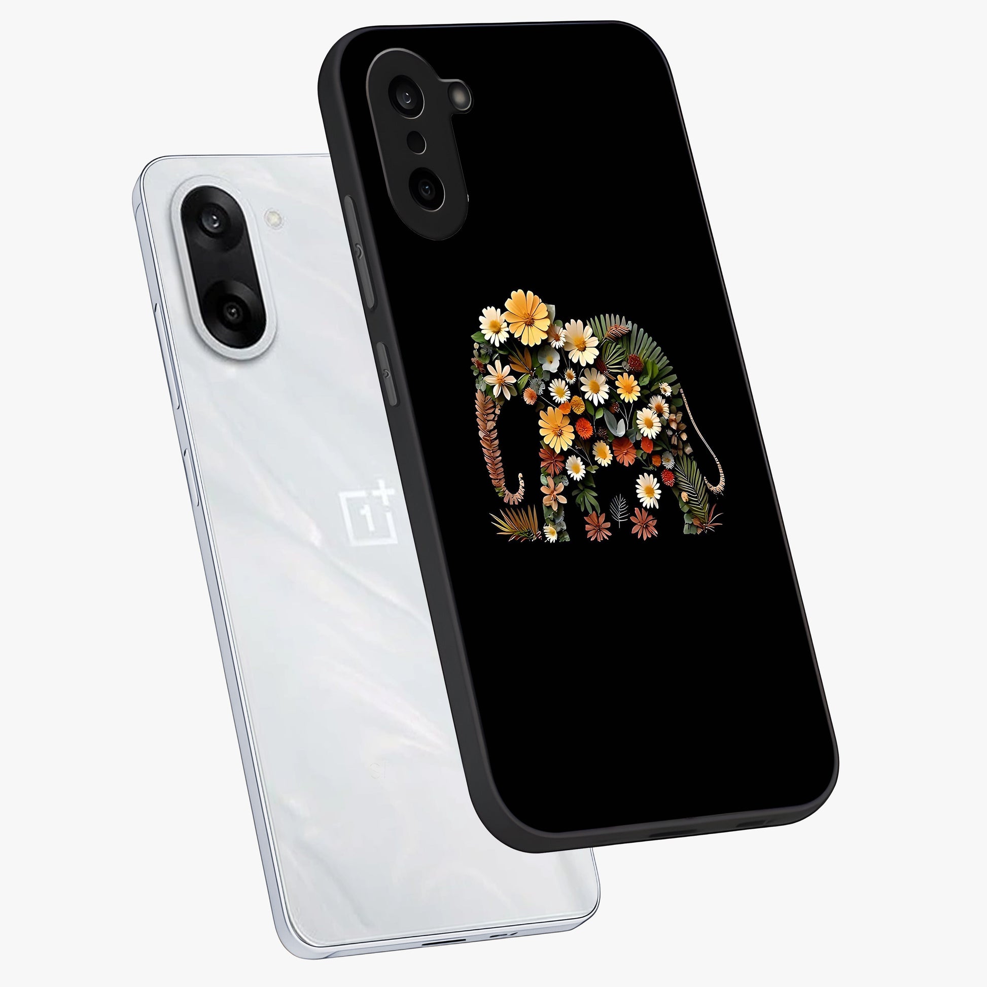Floral Elephant Glass Case for 1+Nord CE 5 angled mockup showcasing glossy finish and vibrant cultural tones