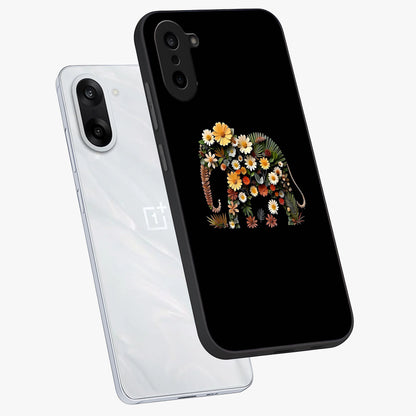 Floral Elephant Glass Case for 1+Nord CE 5 angled mockup showcasing glossy finish and vibrant cultural tones