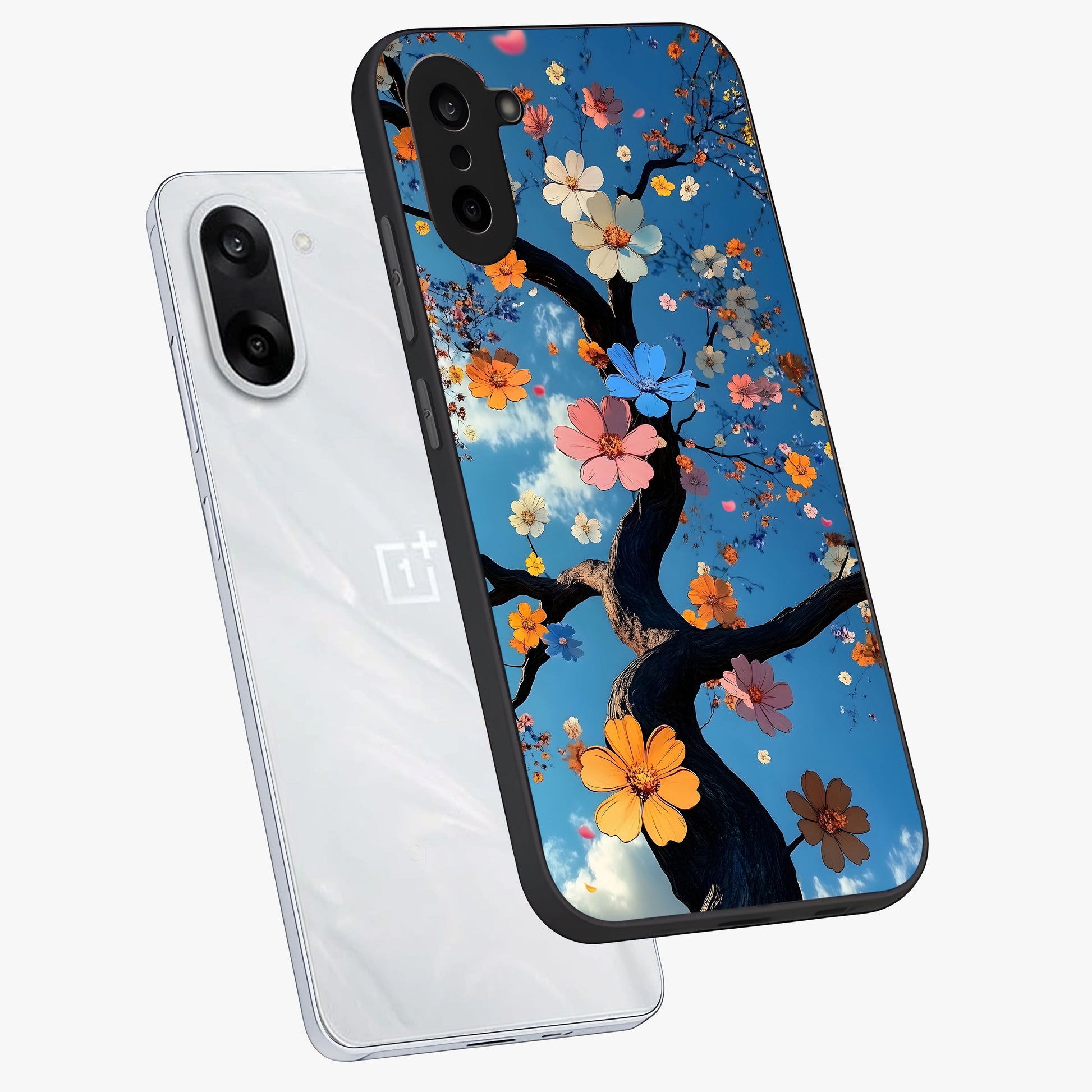Floral Tree Glass Case for 1+Nord CE 5 angled mockup showcasing glossy finish and detailed branch textures