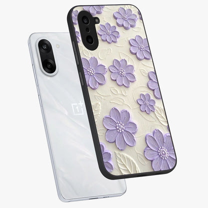 Floral Wall Art With Purple Flowers Glass Case for 1+Nord CE 5 angled mockup showcasing glossy finish and rich violet tones