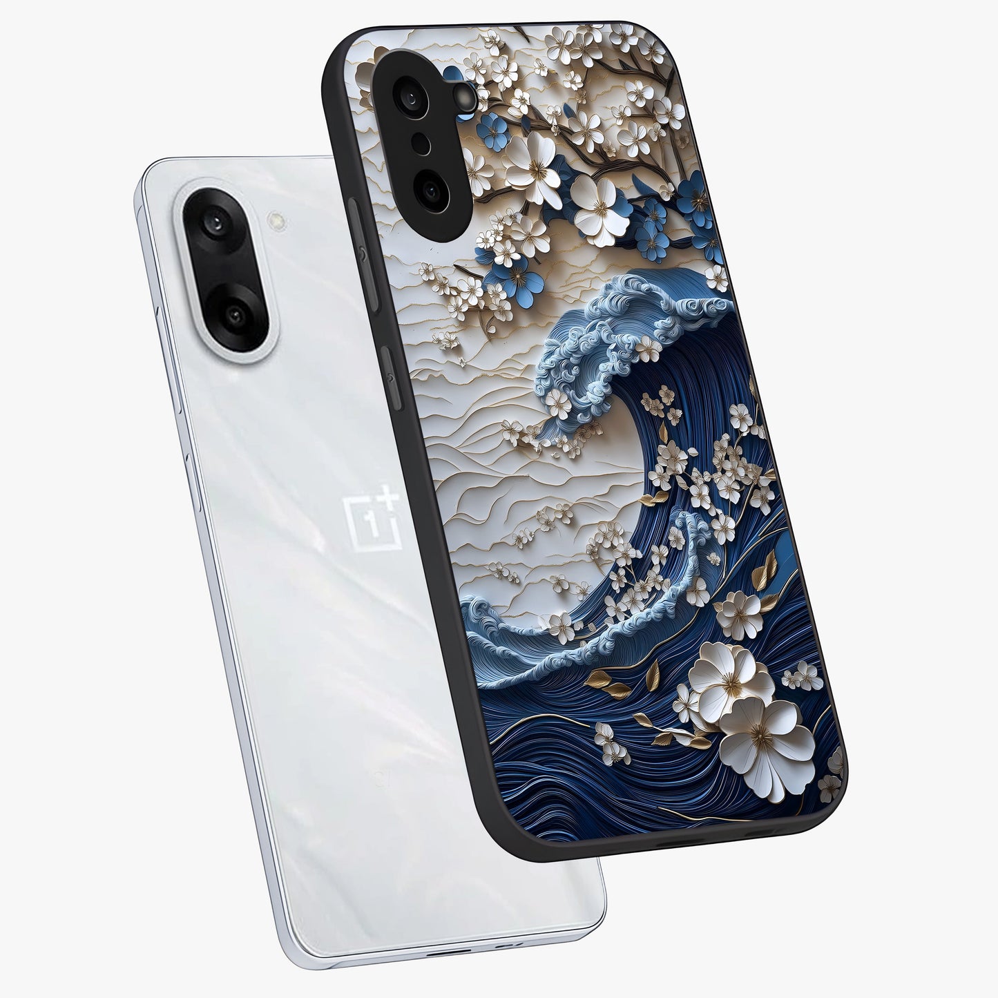 Floral Wave Origami Glass Case for 1+Nord CE 5 angled mockup showcasing glossy glass finish and geometric bloom detailing