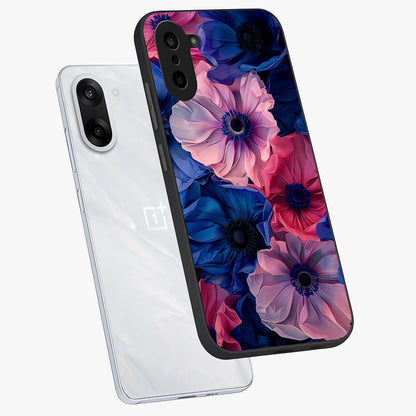 Flower Paper Art Pattern Glass Case for 1+Nord CE 5 angled mockup showcasing glossy finish and textured paper detailing