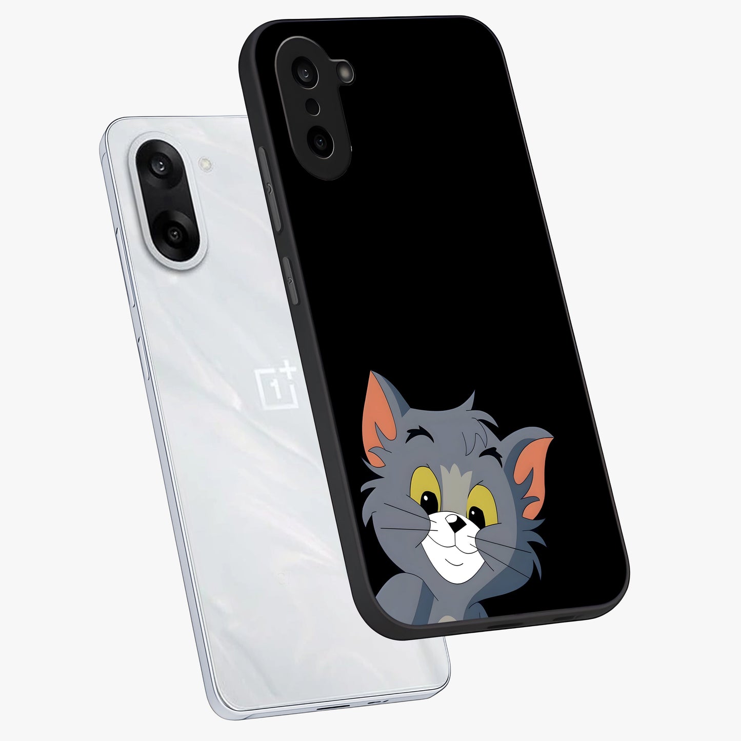 Forever Chasing Love Tom Glass Case for 1+Nord CE 5 angled mockup showcasing glossy finish and lively cartoon detailing