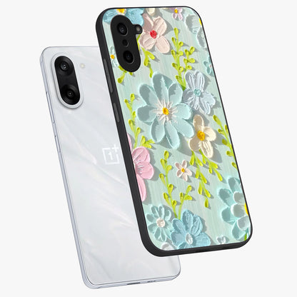 Frosted Petal Garden Glass Case for 1+Nord CE 5 angled mockup showcasing glossy finish and pastel bloom detailing