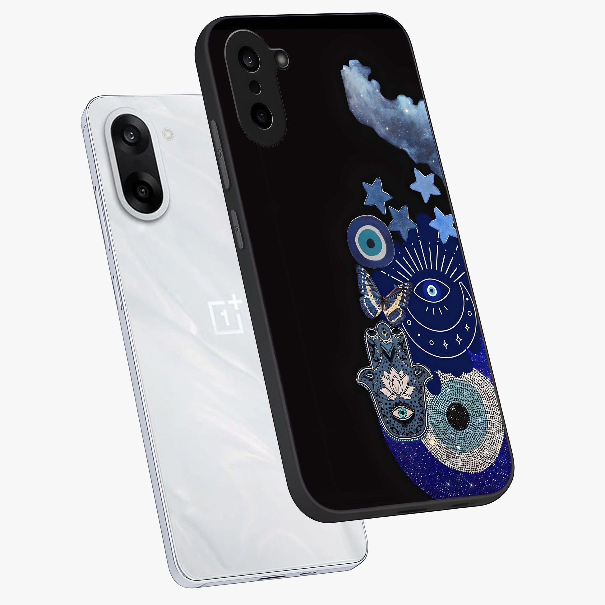 Galactic Charm Cluster Glass Case for 1+Nord CE 5 angled mockup showcasing glossy finish and vibrant star detailing