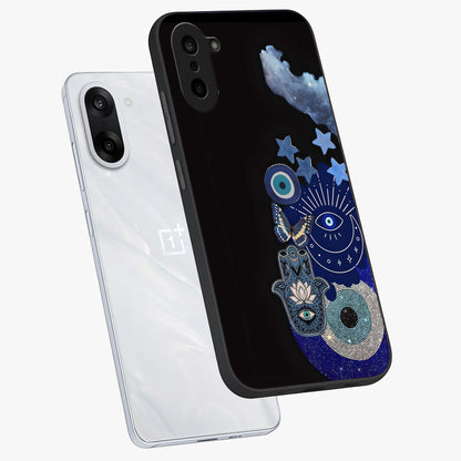 Galactic Charm Cluster Glass Case for 1+Nord CE 5 angled mockup showcasing glossy finish and vibrant star detailing