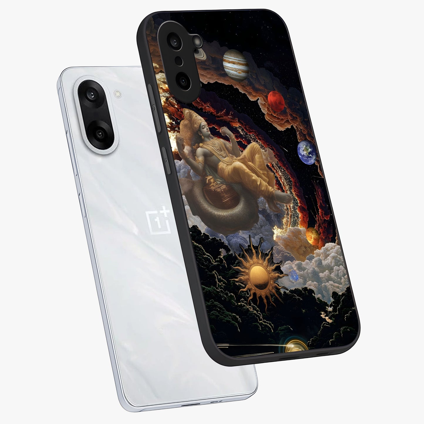 Galactic Divine God Glass Case for 1+Nord CE 5 angled mockup showcasing glossy finish and celestial spiritual tones
