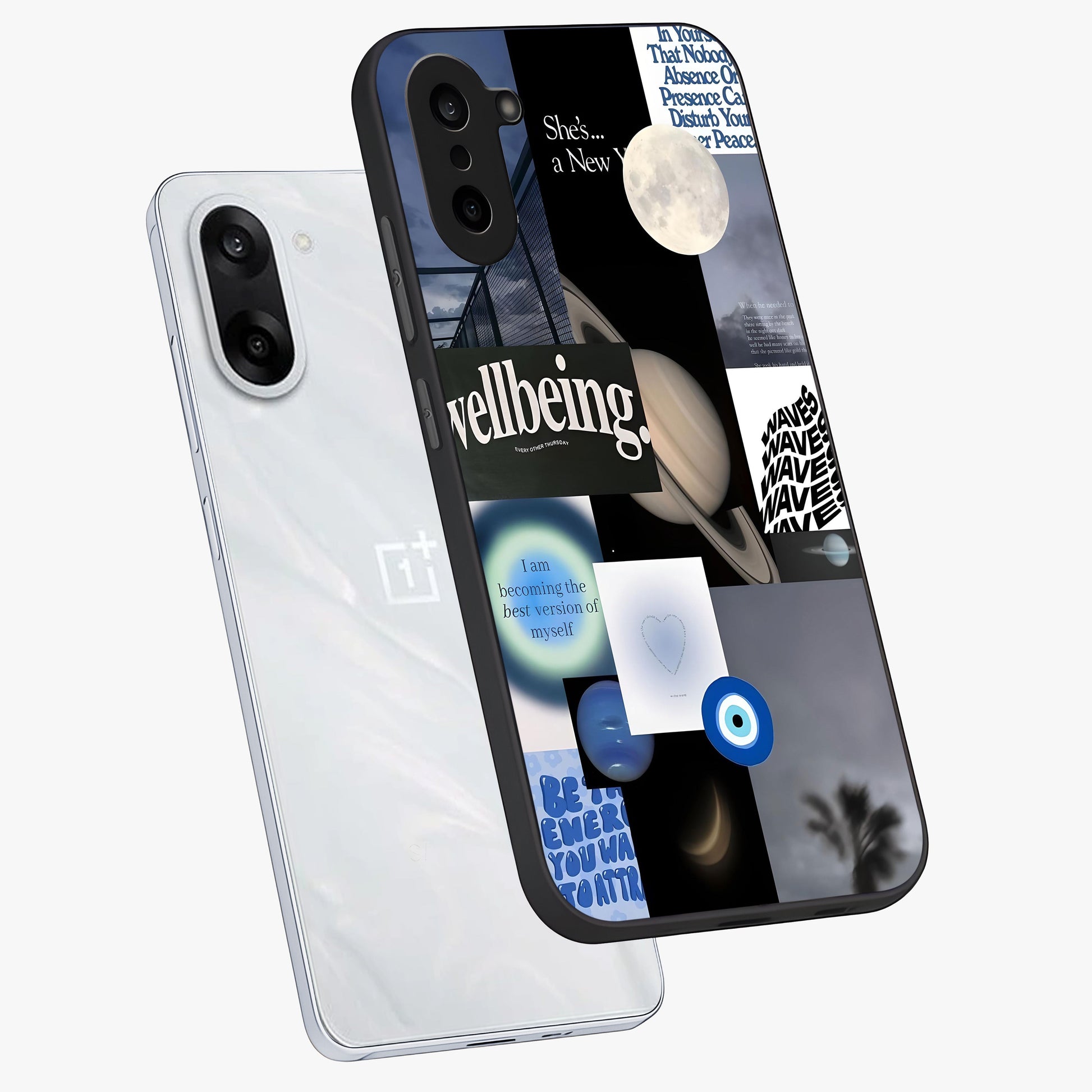 Galactic Energy Collage Glass Case for 1+Nord CE 5 angled mockup showcasing glossy finish and vibrant space textures