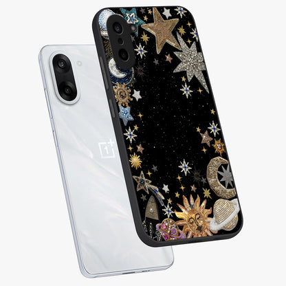 Galactic Jewel Stars Glass Case for 1+Nord CE 5 angled mockup showcasing glossy finish and radiant cosmic tones