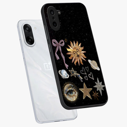 Galactic Sun Charm Glass Case for 1+Nord CE 5 angled mockup showcasing glossy finish and warm galaxy tones