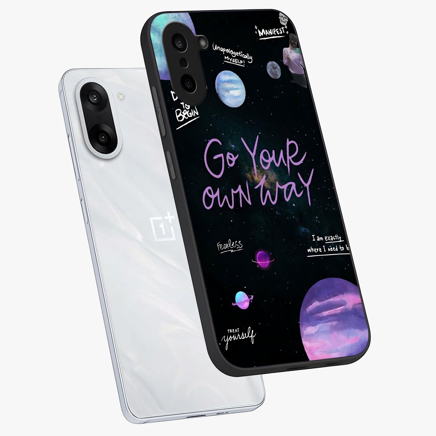 Galactic Vibes Universe Glass Case for 1+Nord CE 5 angled mockup showcasing glossy finish and deep space gradients