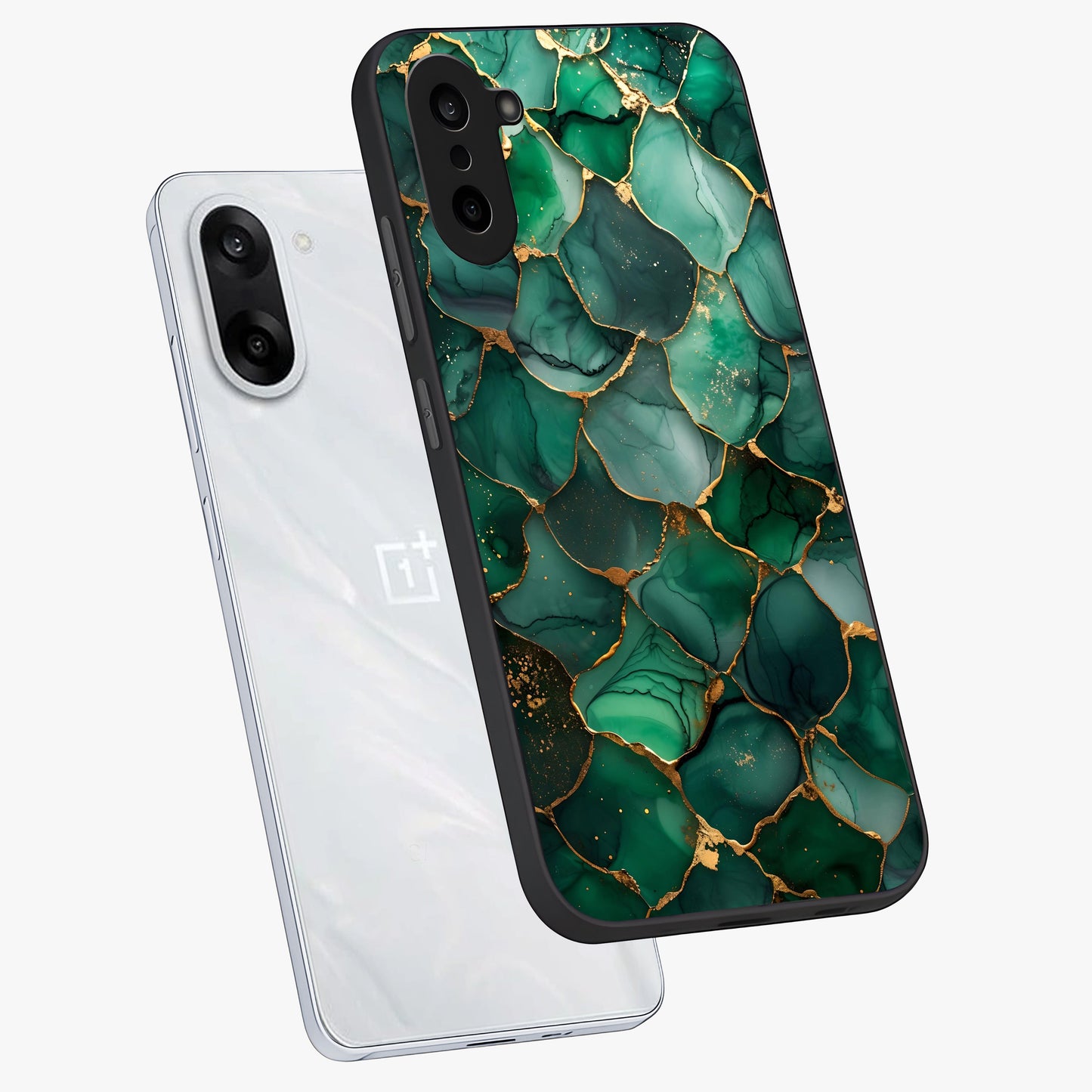 Geometric Polyester Pattern Glass Case for 1+Nord CE 5 angled mockup showcasing glossy finish and clean structured detailing