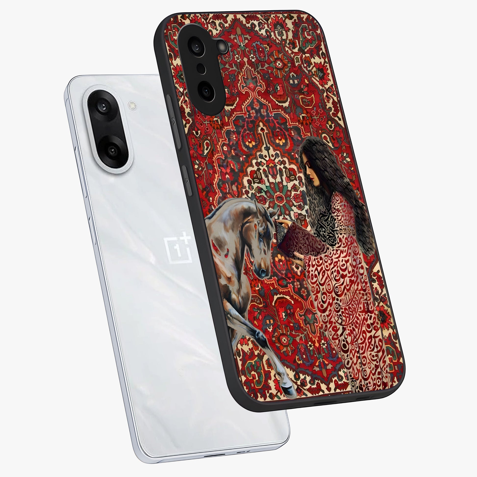 Girl With Horse Glass Case for 1+Nord Ce 5 angled mockup showcasing glossy finish and serene countryside tones