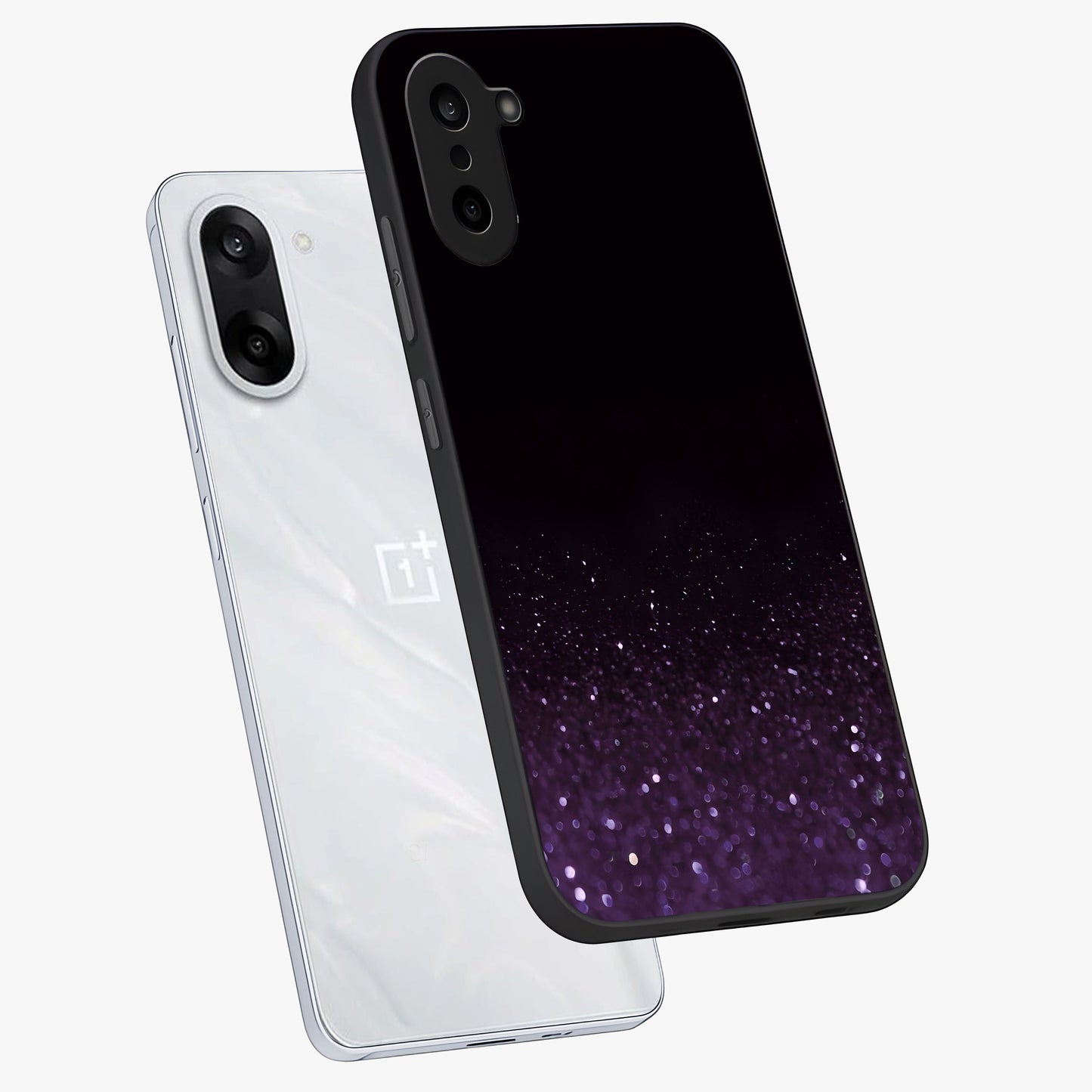Glittery Purple Bokeh Glass Case for 1+Nord CE 5 angled mockup showcasing glossy finish and luminous shimmer tones