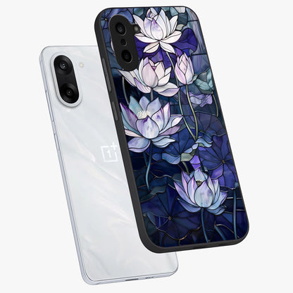 Gloss Petal Rush Glass Case for 1+Nord CE 5 angled mockup showcasing shiny glass finish and vibrant bloom detailing