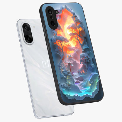 Glow Forest Portal Glass Case for 1+Nord CE 5 angled mockup showcasing glossy finish and luminous green tones