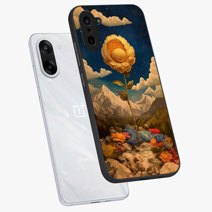Golden Bloom Night Glass Case for 1+Nord CE 5 angled mockup showcasing glossy glass finish and rich night tones
