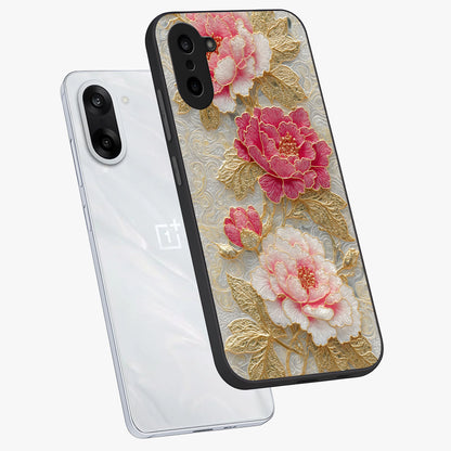 Golden Blossom Elegance Glass Case for 1+Nord CE 5 angled mockup showcasing glossy finish and luxurious bloom tones