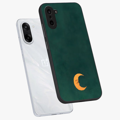 Golden Crescent Mood Glass Case for 1+Nord CE 5 angled mockup showcasing glossy finish and subtle night gradients