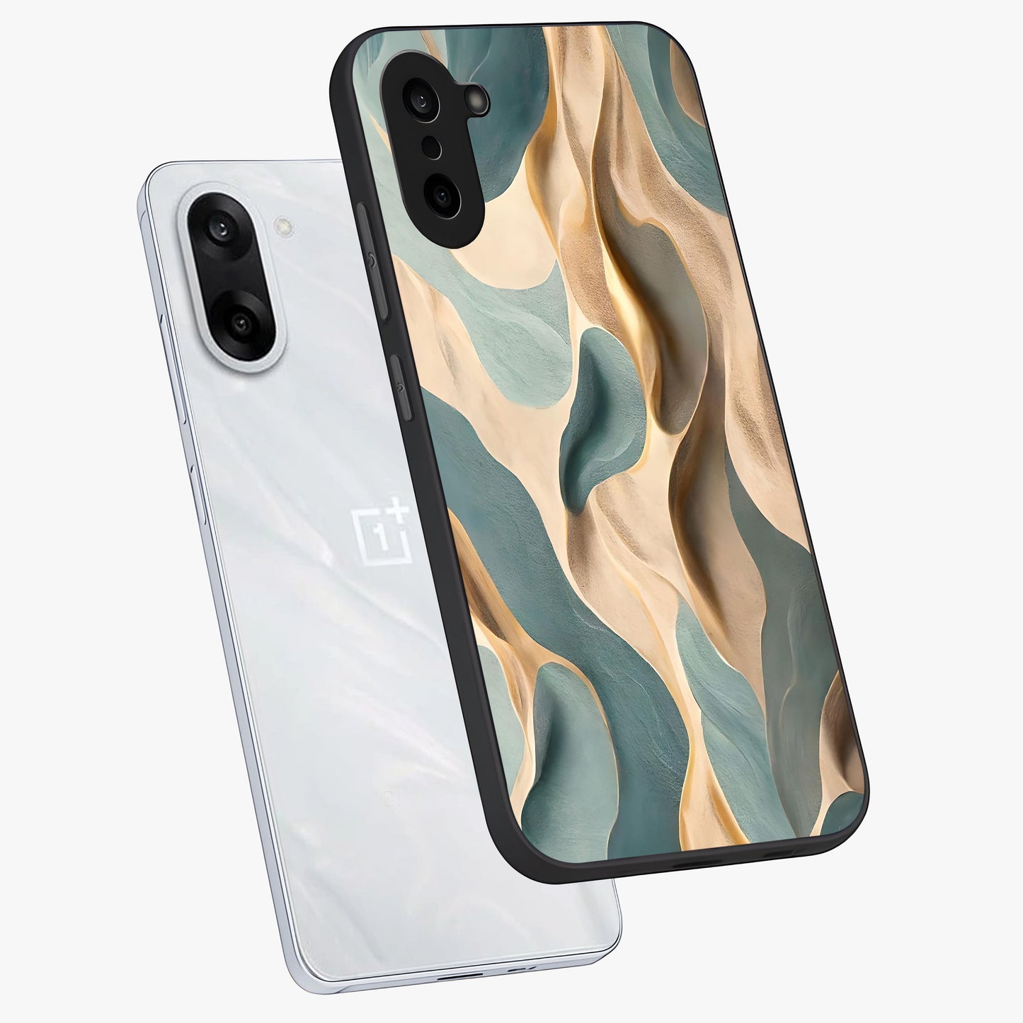 Golden Dune Waves Glass Case for 1+Nord CE 5 angled mockup showcasing glossy finish and smooth wave textures