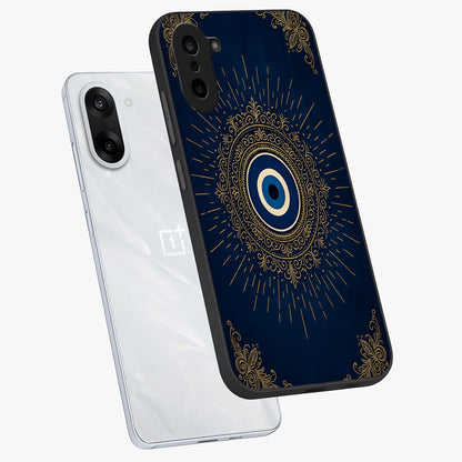 Golden Evil Eye Mandala Glass Case for 1+Nord CE 5 angled mockup showcasing glossy finish and detailed ornamental design
