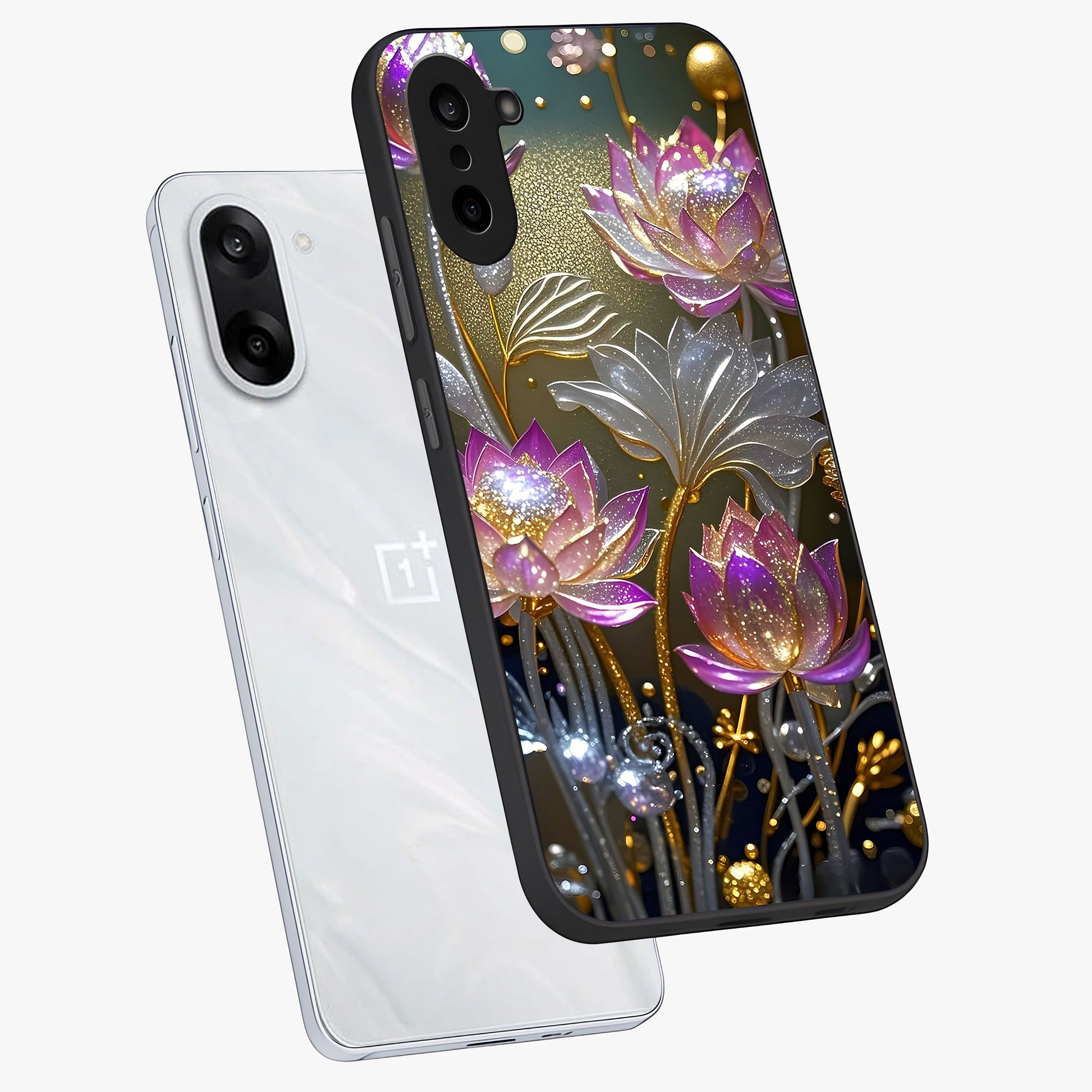Golden Lotus Glow Glass Case for 1+Nord CE 5 angled mockup showcasing glossy finish and luminous spiritual tones