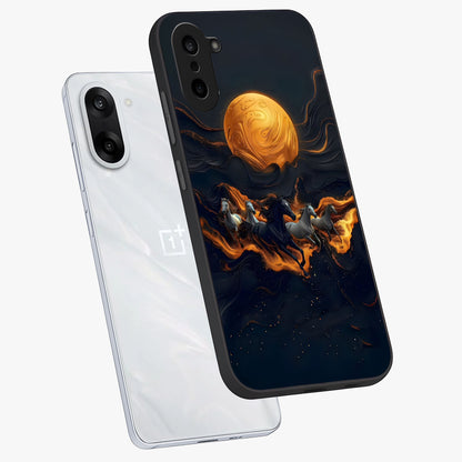 Golden Stallion Moonride Glass Case for 1+Nord CE 5 angled mockup showcasing glossy finish and rich celestial tones