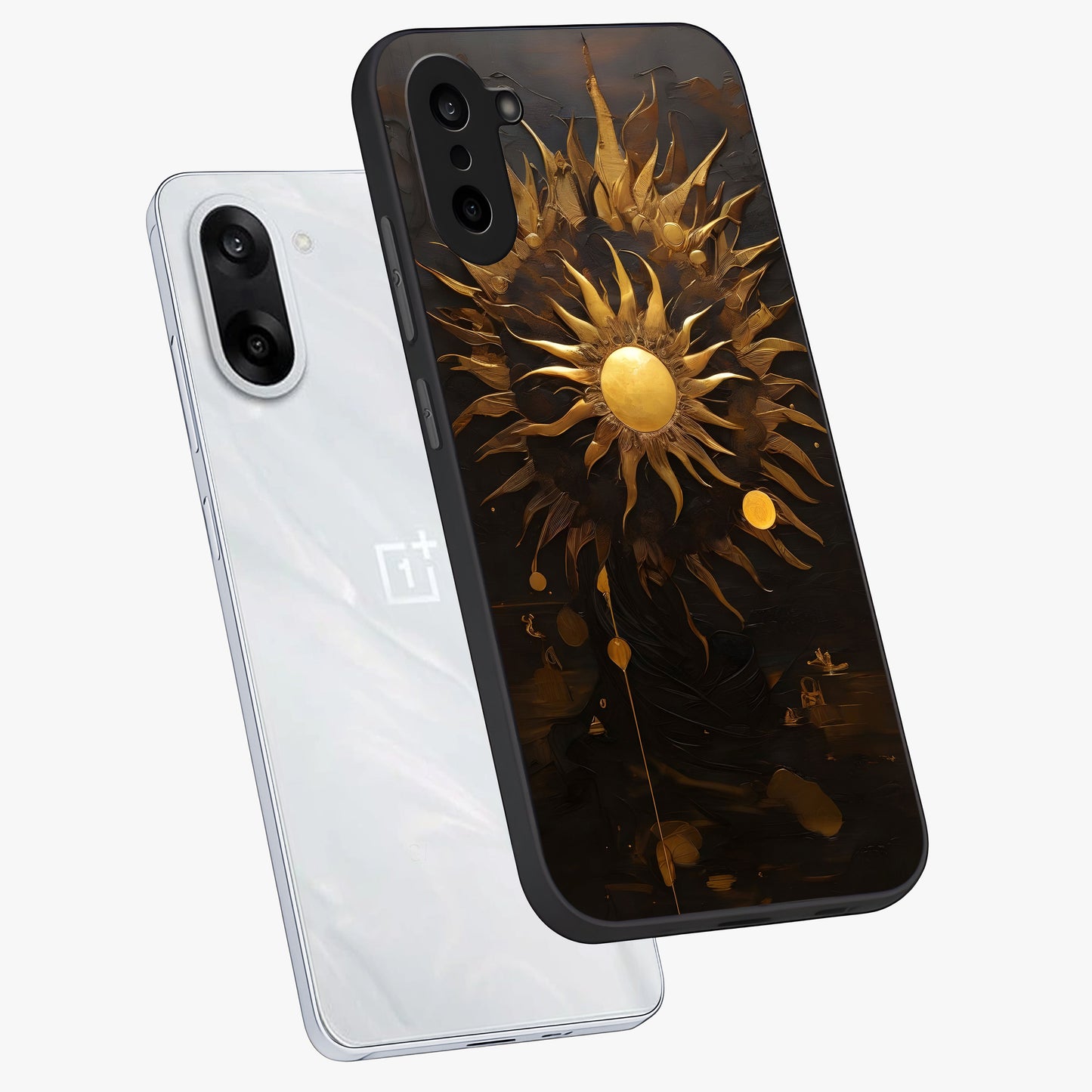 Golden Sun Majesty Glass Case for 1+Nord CE 5 angled mockup showcasing glossy finish and warm celestial gradients