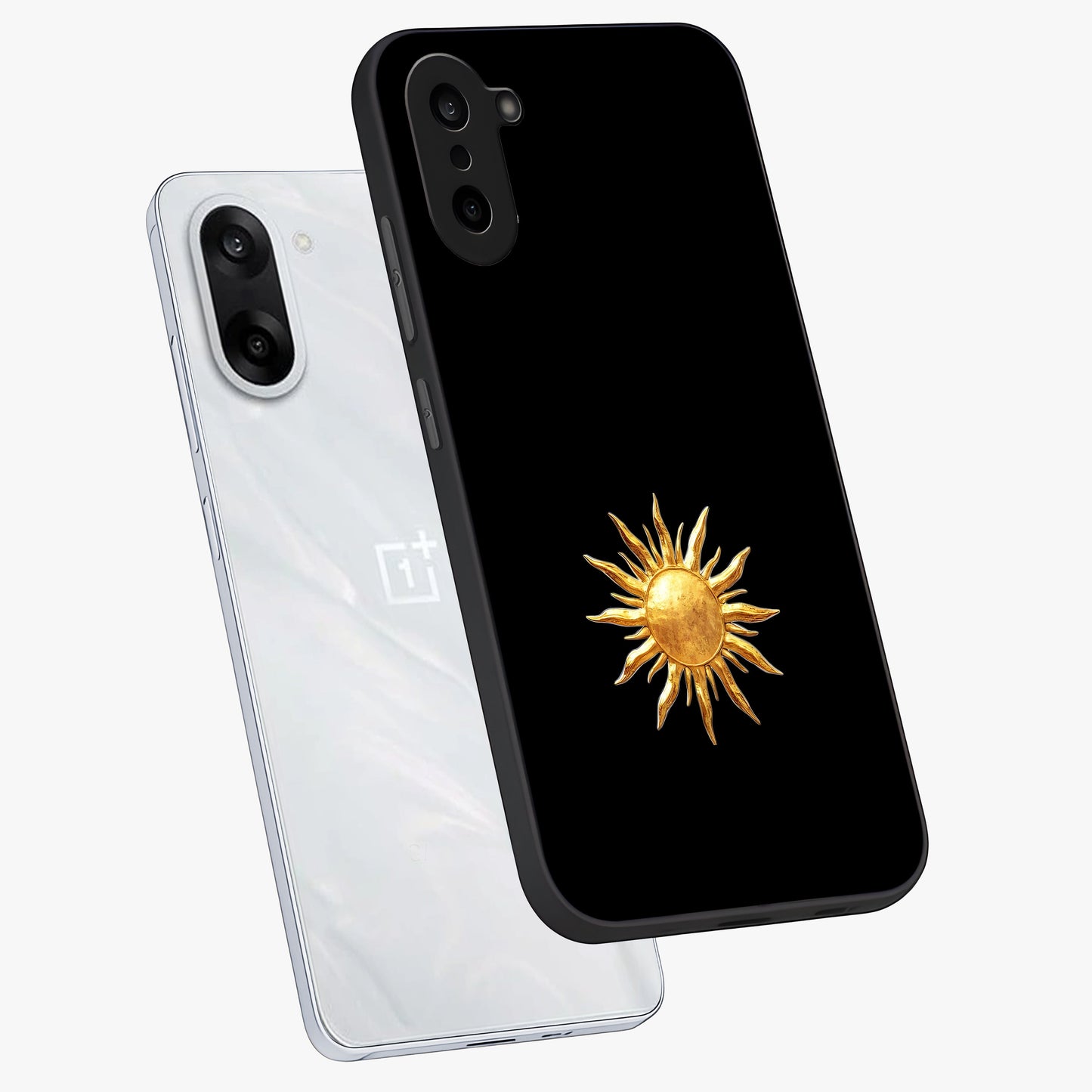 Golden Sun Minimalism Glass Case for 1+Nord CE 5 angled mockup showcasing glossy finish and subtle warm tones