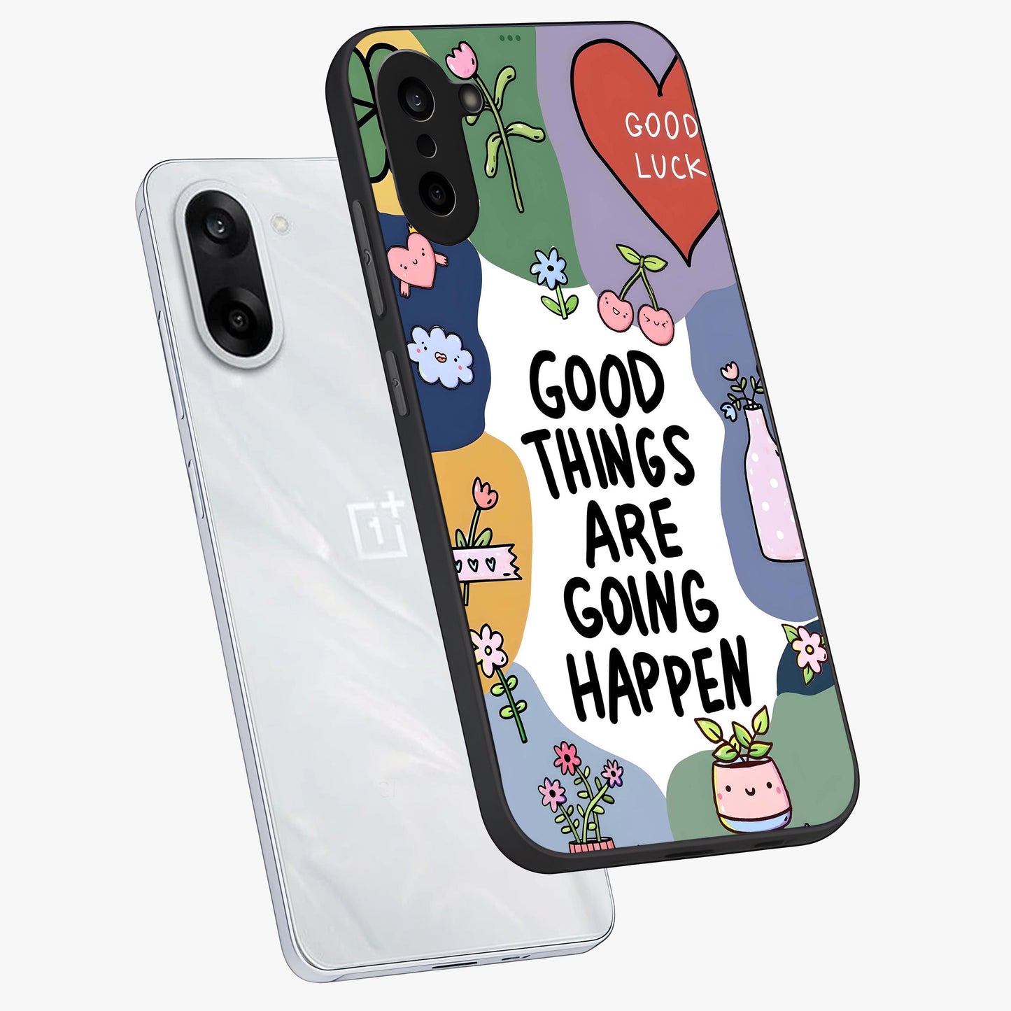 Good Thing Quote Glass Case for 1+Nord CE 5 angled mockup showcasing glossy finish and clean modern design